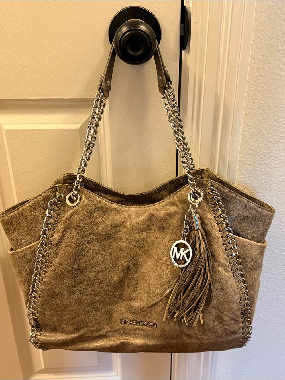 Michael Kors Metallic Taupe Leather Tote with Chain-Strap and Tassel